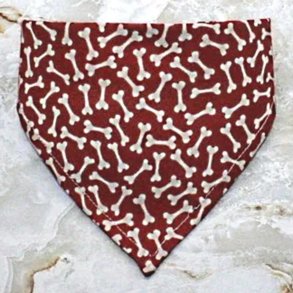 HAND CRAFTED Bandana Dog Bones White on Red Print Pet Scarf Accessory
